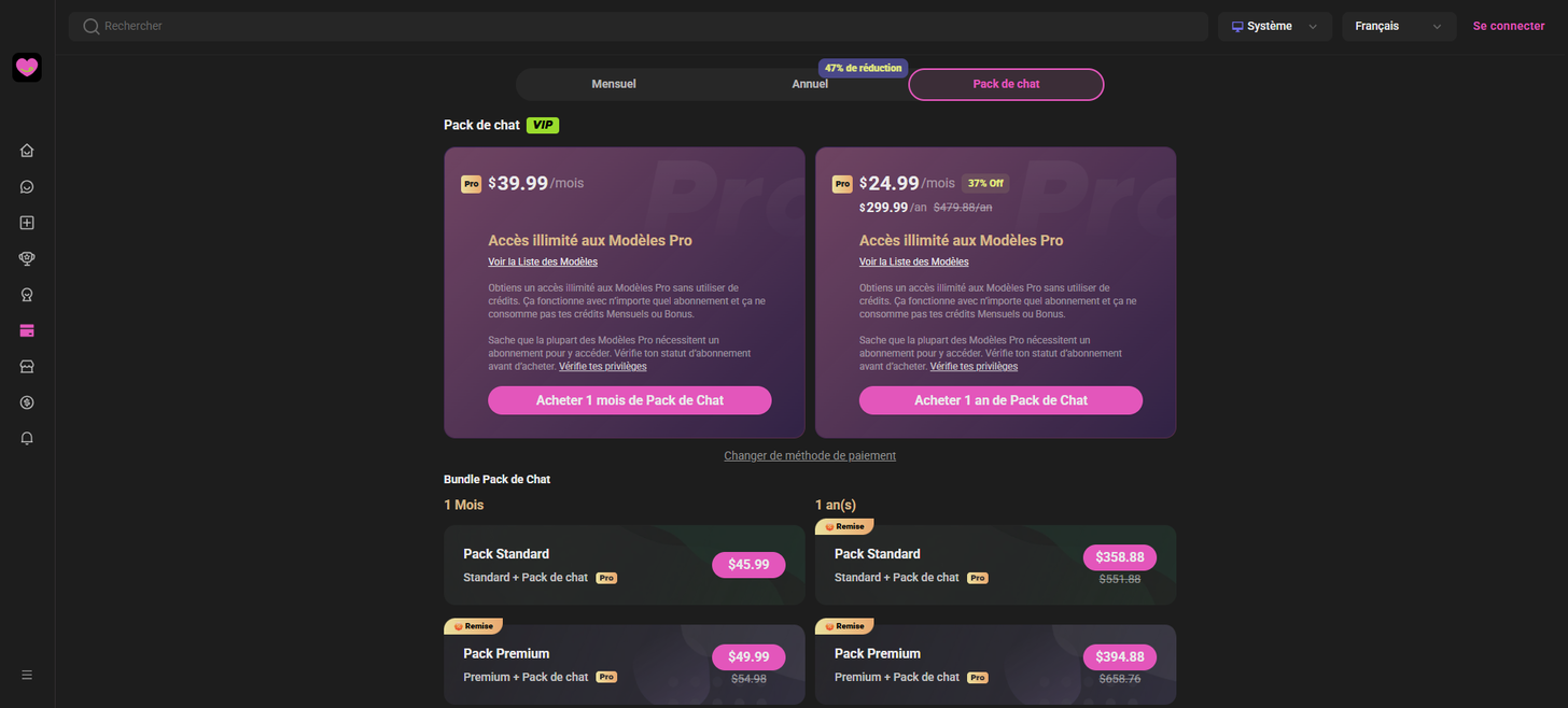 Chat-pack pricing view captured from the public CrushOn pricing page in French