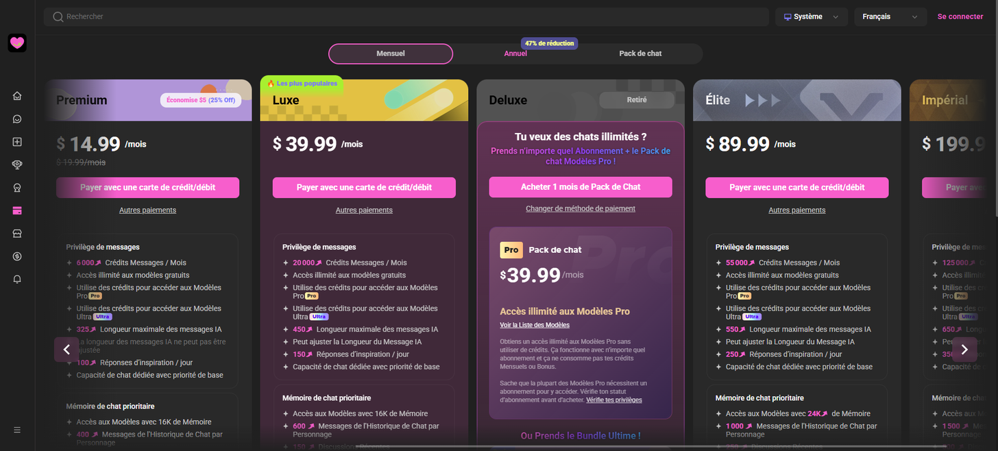 Monthly pricing view captured from the public CrushOn pricing page in French