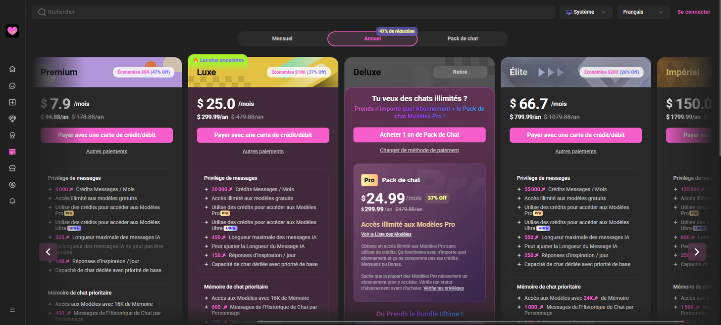 Annual pricing view captured from the public CrushOn pricing page in French